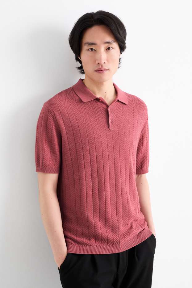 Herren - Strick-Poloshirt mit Leinen-Anteil - Regular Fit - dunkelrosa