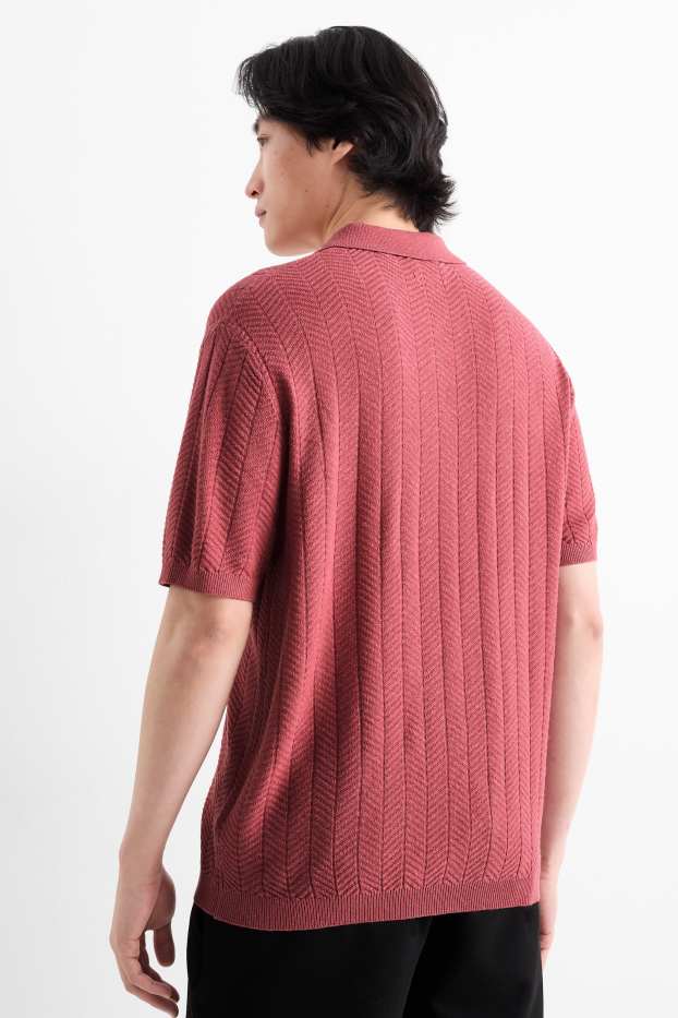 Herren - Strick-Poloshirt mit Leinen-Anteil - Regular Fit - dunkelrosa