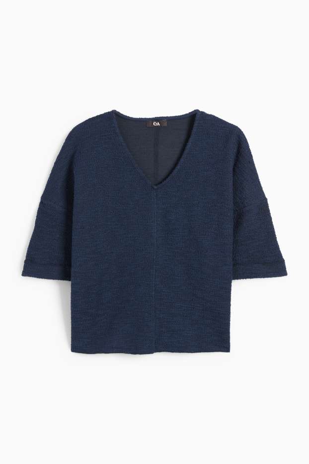 Femei - Tricou din bouclé cu decolteu în V - albastru închis