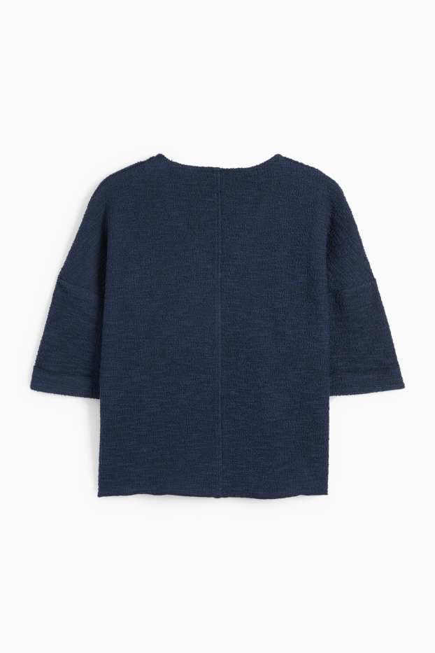 Femei - Tricou din bouclé cu decolteu în V - albastru închis