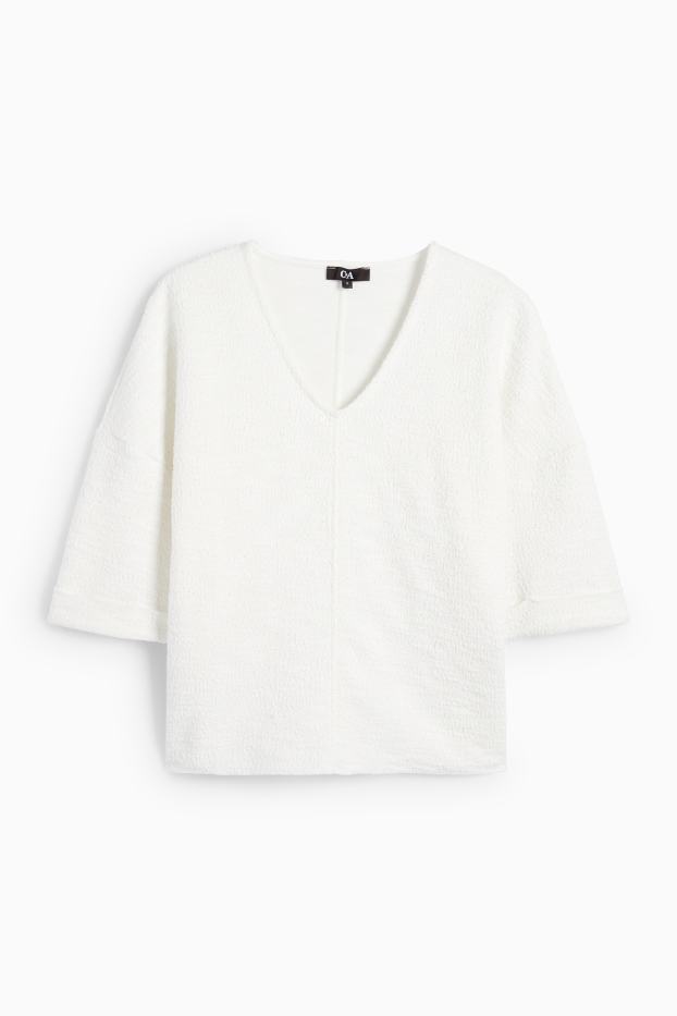 Femmes - T-shirt en bouclé à col V - blanc crème