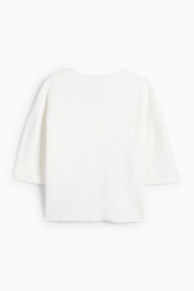 Femmes - T-shirt en bouclé à col V - blanc crème