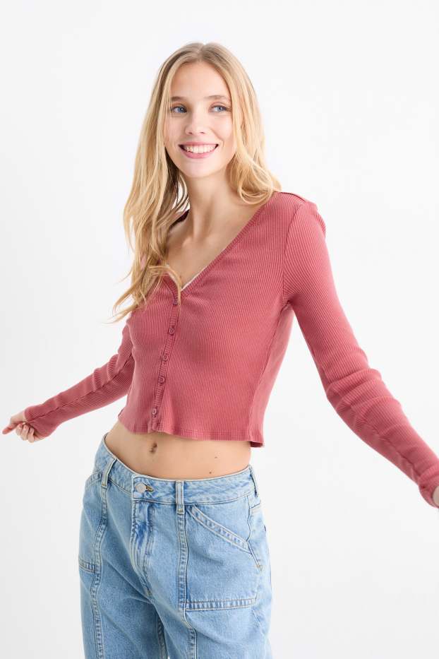 Dames - Korte longsleeve - geribd - rood