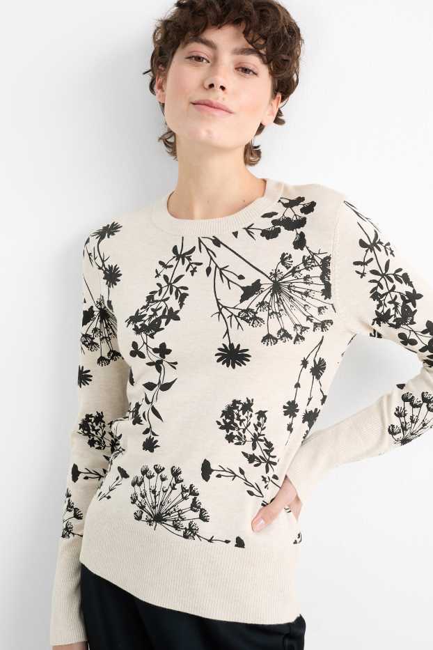 Damen - Feinstrick-Pullover - geblümt - hellbeige