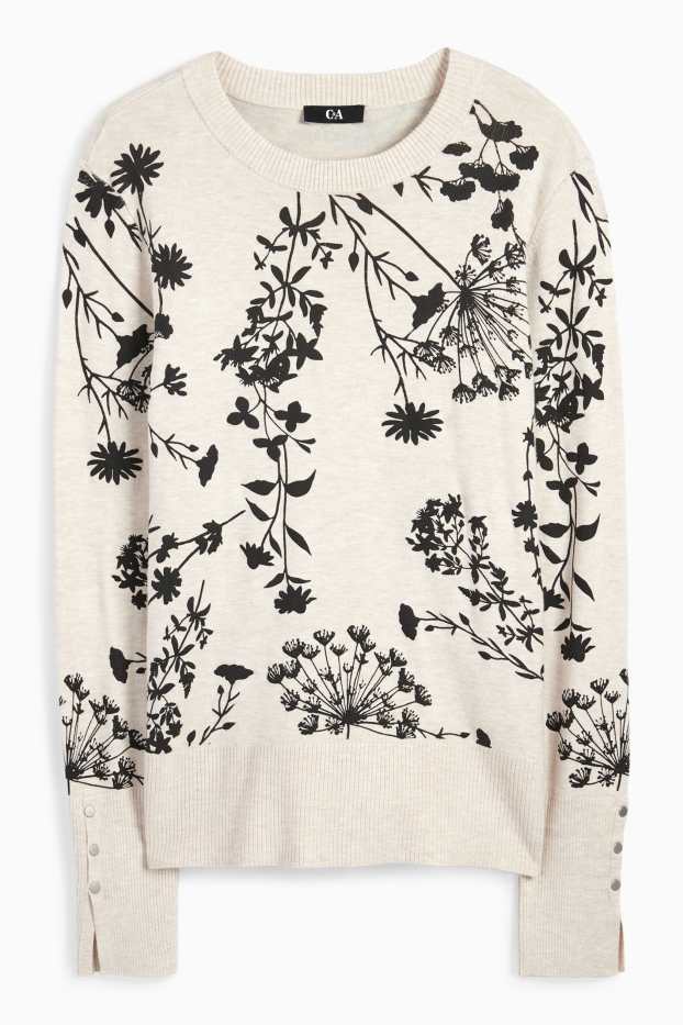 Damen - Feinstrick-Pullover - geblümt - hellbeige