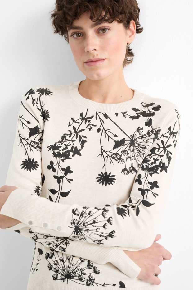 Damen - Feinstrick-Pullover - geblümt - hellbeige