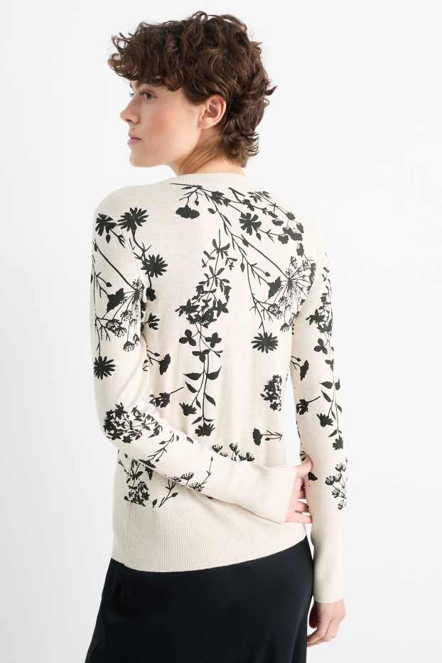 Damen - Feinstrick-Pullover - geblümt - hellbeige