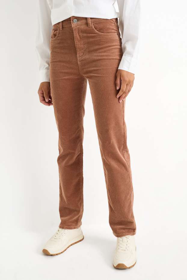Femmes - Pantalon en velours côtelé - high waist - straight fit - marron clair