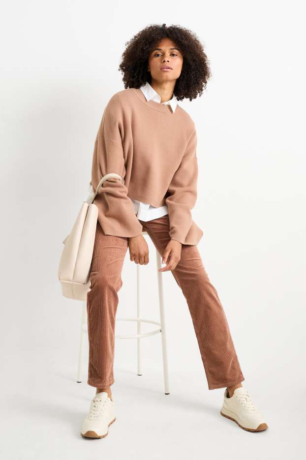 Femmes - Pantalon en velours côtelé - high waist - straight fit - marron clair
