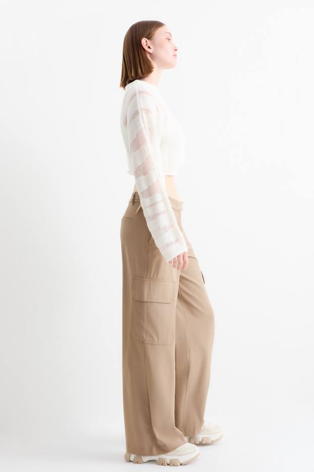 Damen - Cargohose - Low Waist - Wide Leg - beige