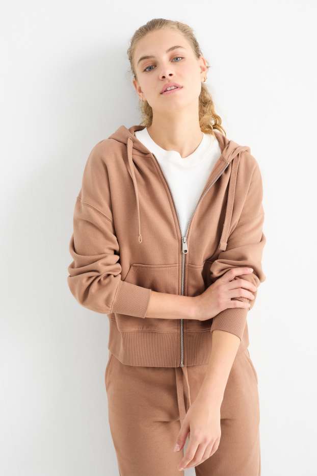 Damen - Basic-Sweatjacke mit Kapuze - hellbraun