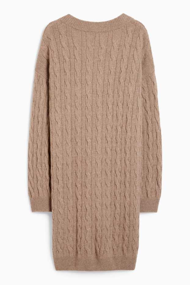 Women - Knitted cashmere dress - cable knit pattern - taupe