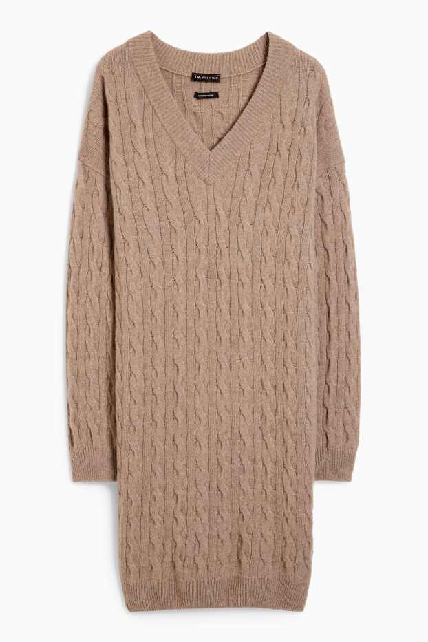 Women - Knitted cashmere dress - cable knit pattern - taupe