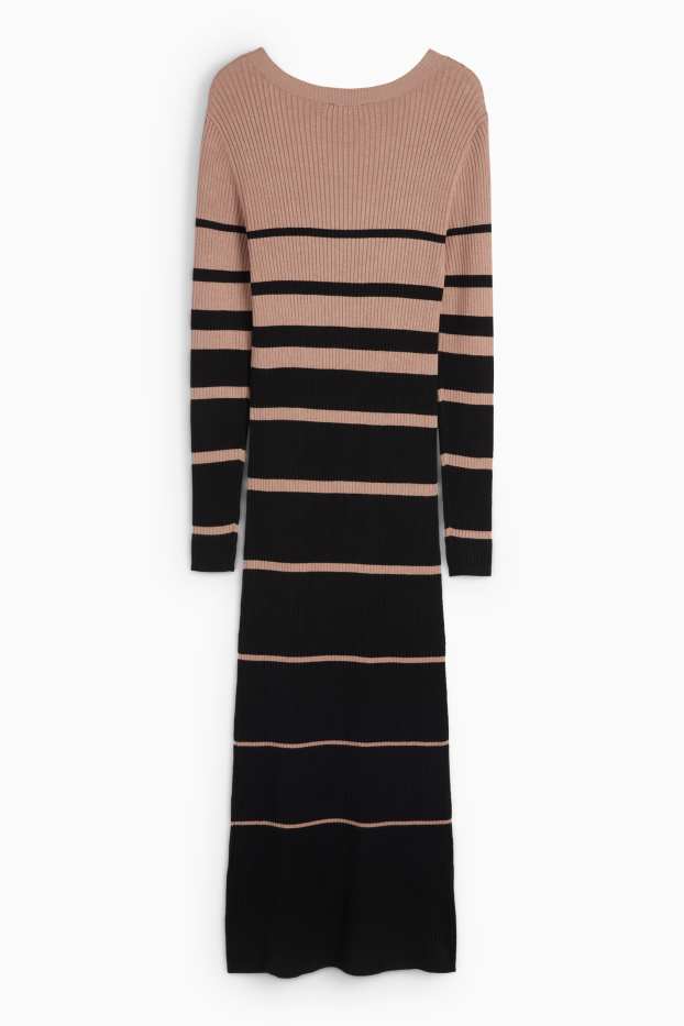 Dames - Gebreide jurk - geribd - met strepen - zwart / beige