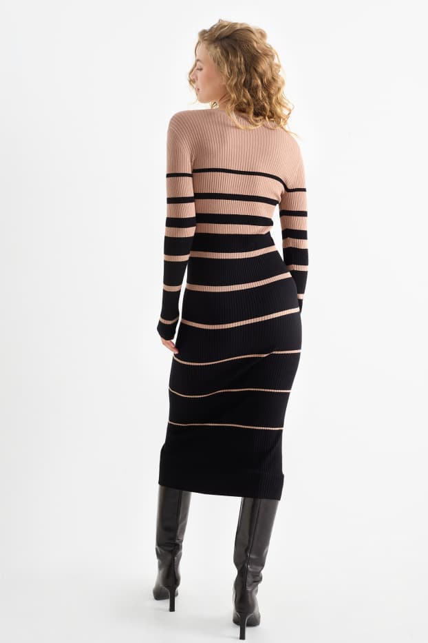 Dames - Gebreide jurk - geribd - met strepen - zwart / beige