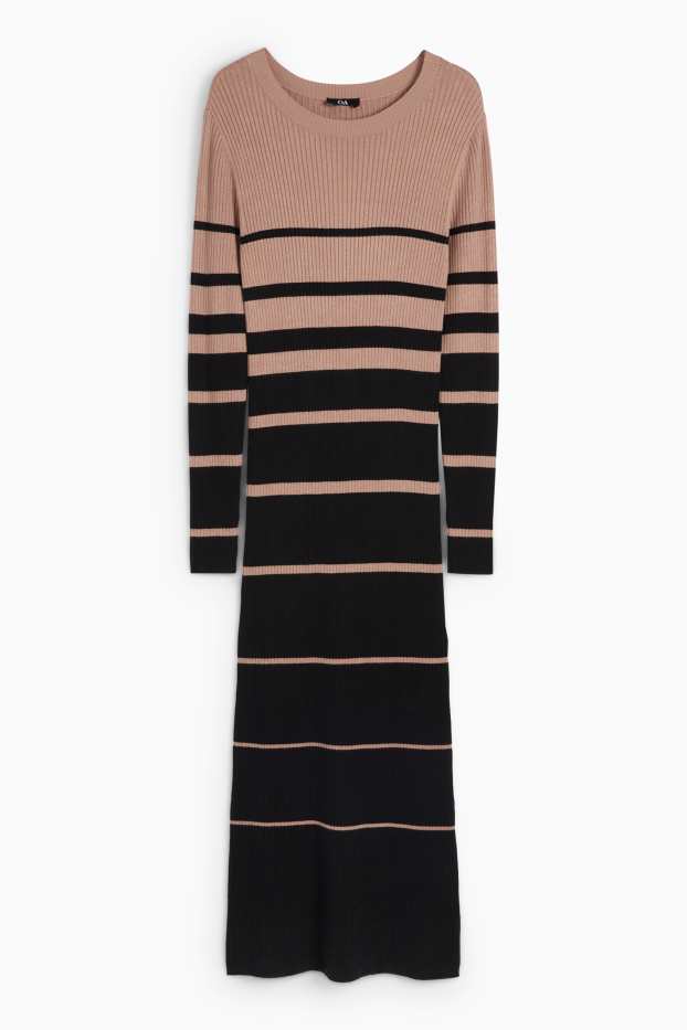 Dames - Gebreide jurk - geribd - met strepen - zwart / beige