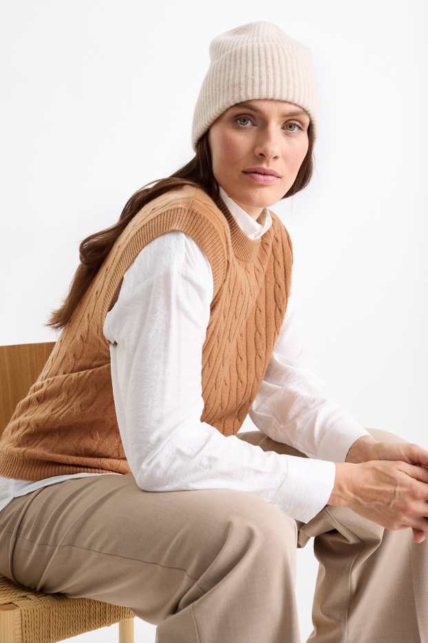 Kobiety - Bezrękawnik z dodatkiem kaszmiru - miks wełniany - wzór warkocza - jasnobrązowy