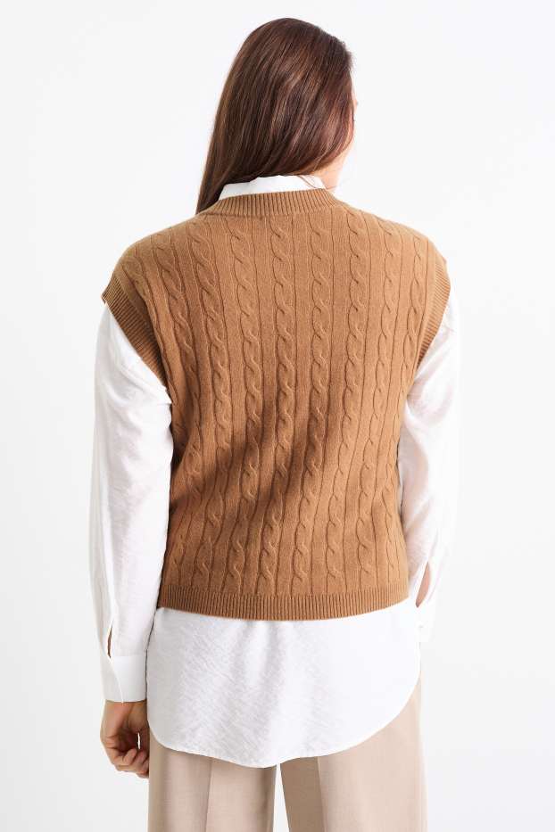 Kobiety - Bezrękawnik z dodatkiem kaszmiru - miks wełniany - wzór warkocza - jasnobrązowy