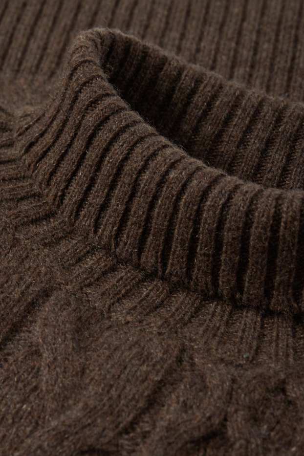 Women - Cashmere jumper with band collar - cable knit pattern - dark brown