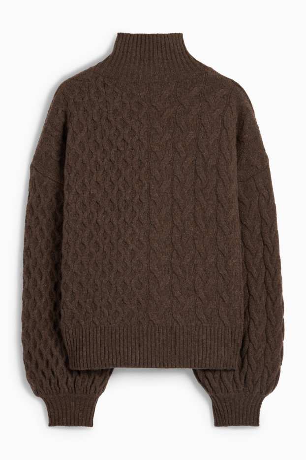 Women - Cashmere jumper with band collar - cable knit pattern - dark brown