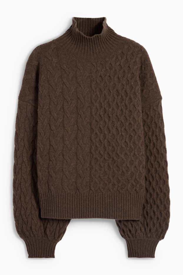 Women - Cashmere jumper with band collar - cable knit pattern - dark brown