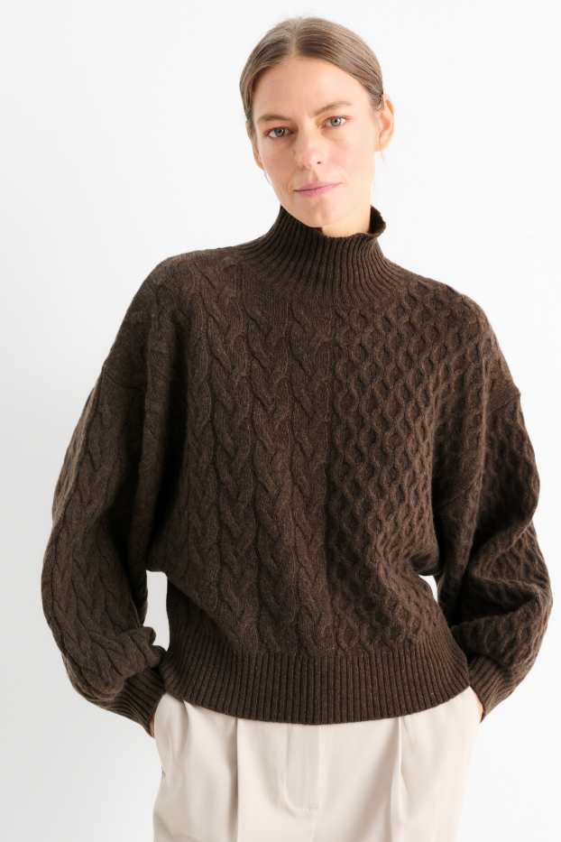 Women - Cashmere jumper with band collar - cable knit pattern - dark brown