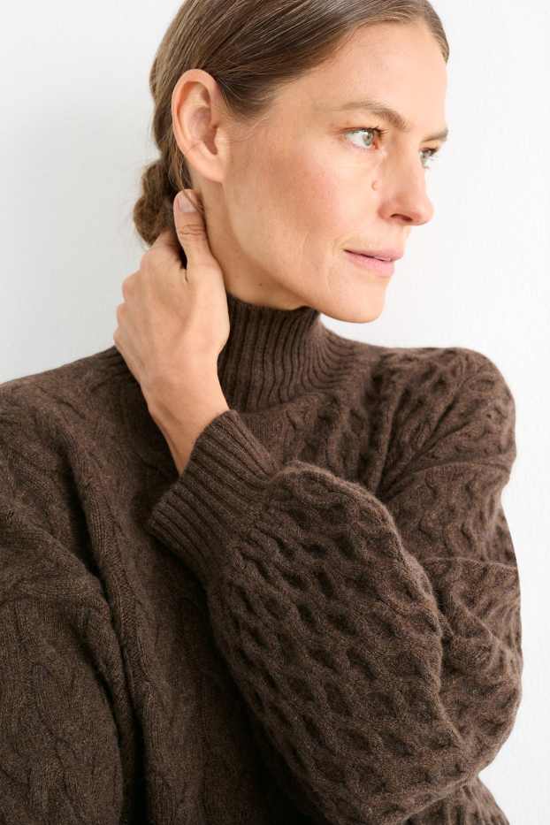 Women - Cashmere jumper with band collar - cable knit pattern - dark brown
