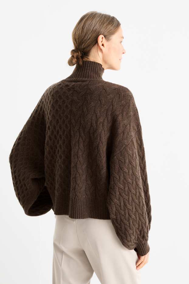 Women - Cashmere jumper with band collar - cable knit pattern - dark brown