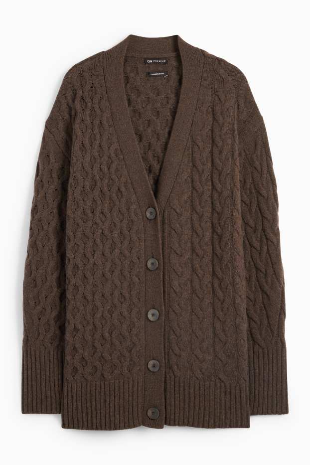 Women - Cashmere cardigan - cable knit pattern - dark brown
