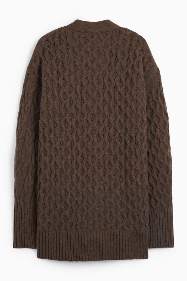 Women - Cashmere cardigan - cable knit pattern - dark brown