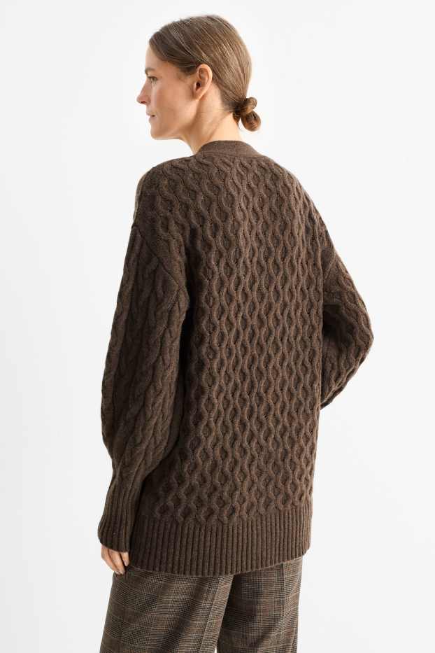 Women - Cashmere cardigan - cable knit pattern - dark brown