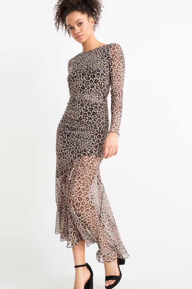 Dámské - Šaty ze síťovaného materiálu - s leopardím vzorem - béžová/hnědá
