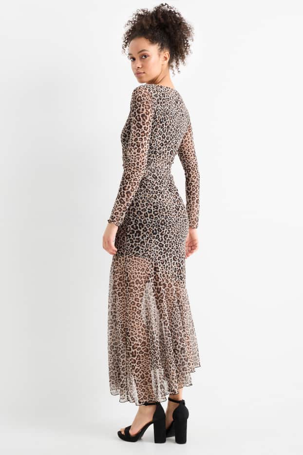 Dámské - Šaty ze síťovaného materiálu - s leopardím vzorem - béžová/hnědá