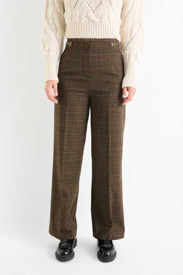 Femmes - Pantalon de toile - high waist - wide leg - à carreaux - marron foncé