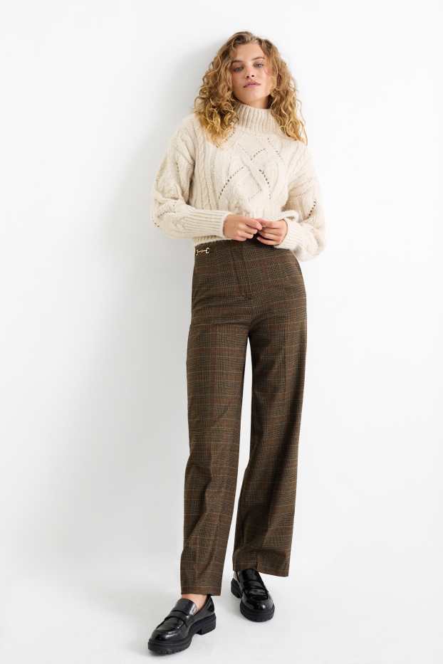 Femmes - Pantalon de toile - high waist - wide leg - à carreaux - marron foncé