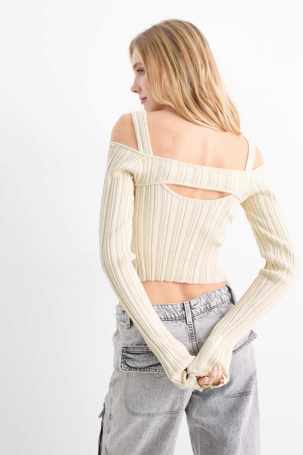 Mujer - Conjunto - top crop y jersey extracorto - de canalé - 2 piezas - blanco roto