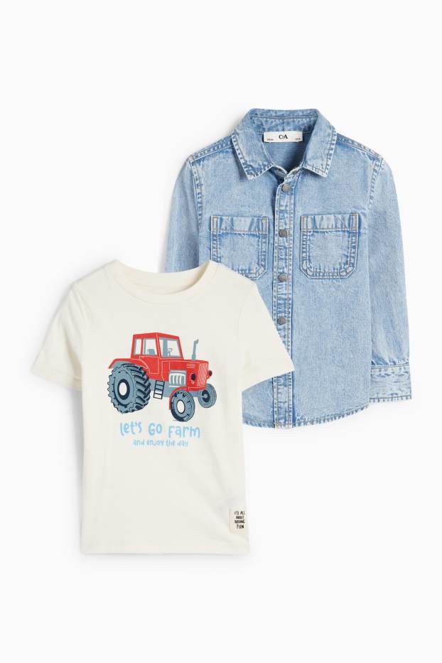 Enfants garçons - Tracteur - ensemble - T-shirt et chemise en jean - 2 pièces - blanc crème