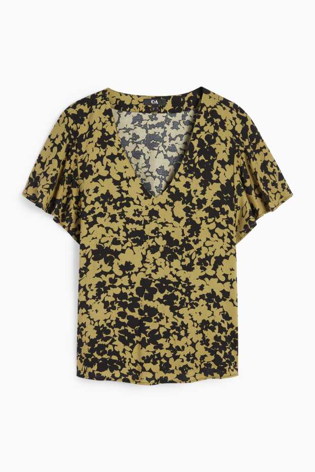 Dames - Blouse met V-hals - gebloemd - donkergroen / zwart