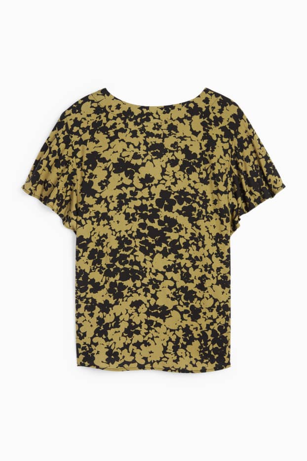 Dames - Blouse met V-hals - gebloemd - donkergroen / zwart