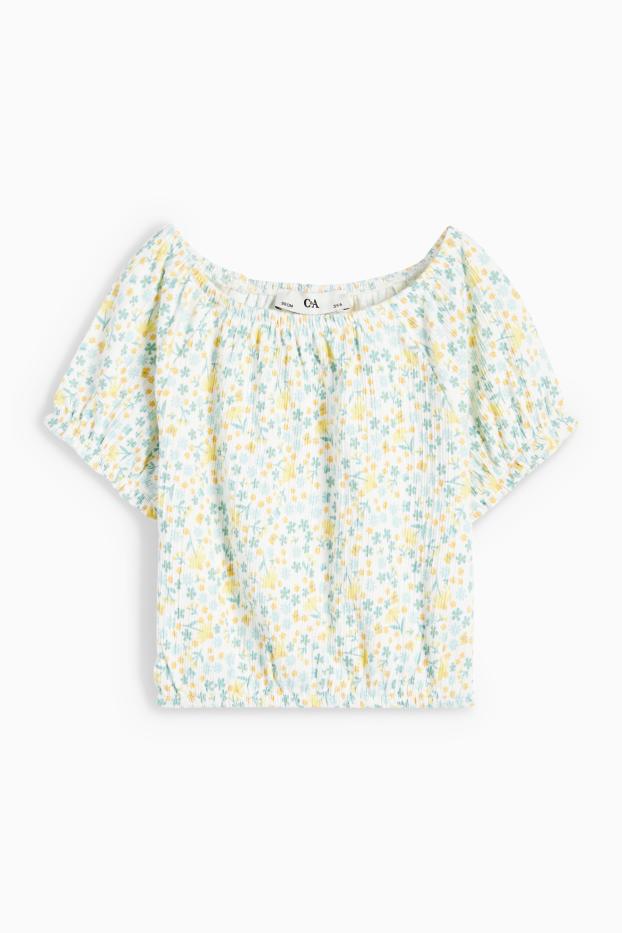 Kinder Mädchen - Kurzarmshirt - gerippt - geblümt - cremeweiss