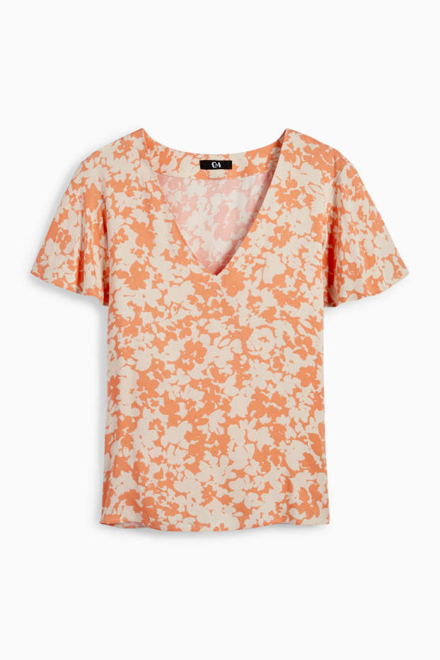 Donna - Blusa con scollo a V - a fiori - arancione