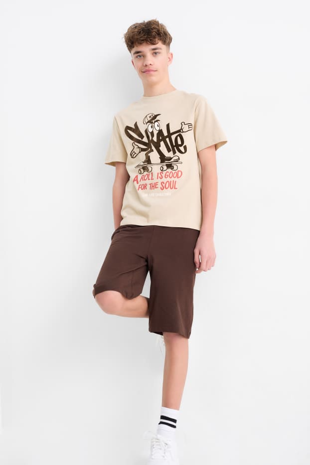 Enfants garçons - Skate - ensemble - T-shirt et short - 2 pièces - beige