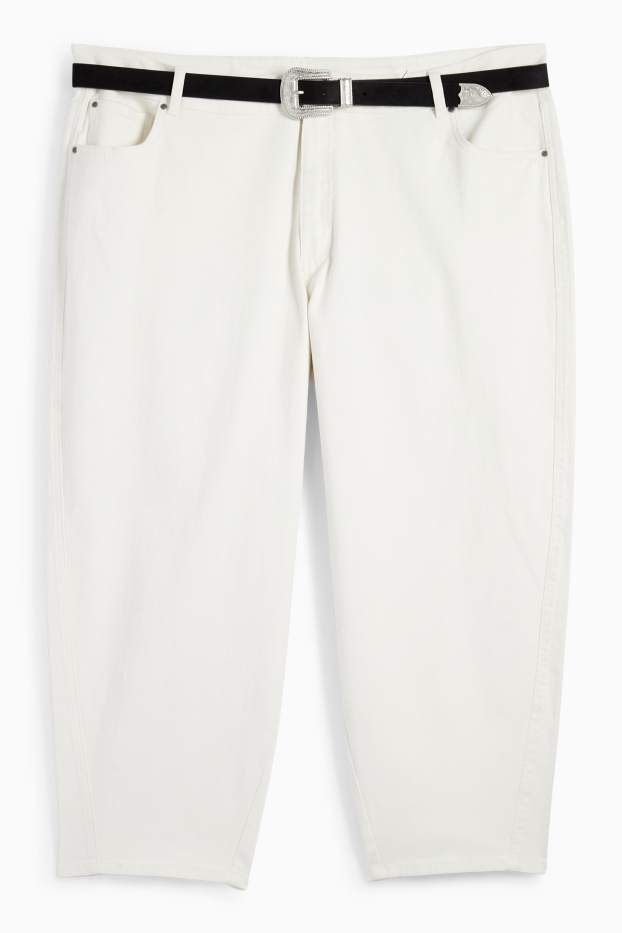 Femei - Pantaloni de stofă cu curea - talie înaltă - tapered fit - alb-crem