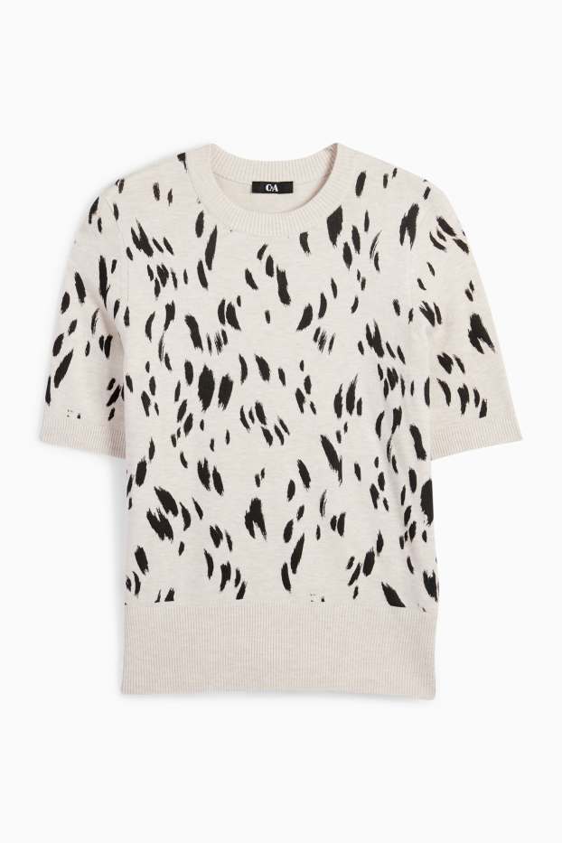 Women - Knitted jumper - short sleeve - patterned - black / beige