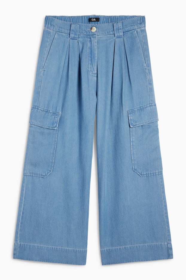 Damen - Cargohose - Mid Waist - Wide Leg - Jeans-Look - hellblau