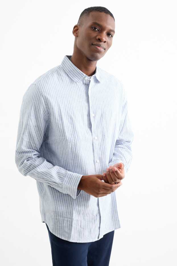 Uomo - Camicia - regular fit - collo all'italiana - misto lino - a righe - bianco / azzurro
