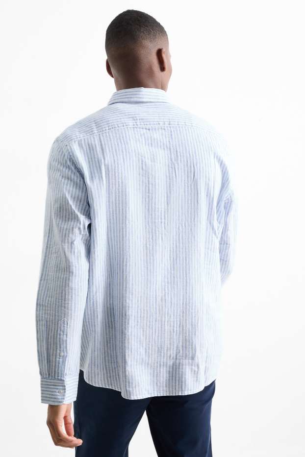 Uomo - Camicia - regular fit - collo all'italiana - misto lino - a righe - bianco / azzurro