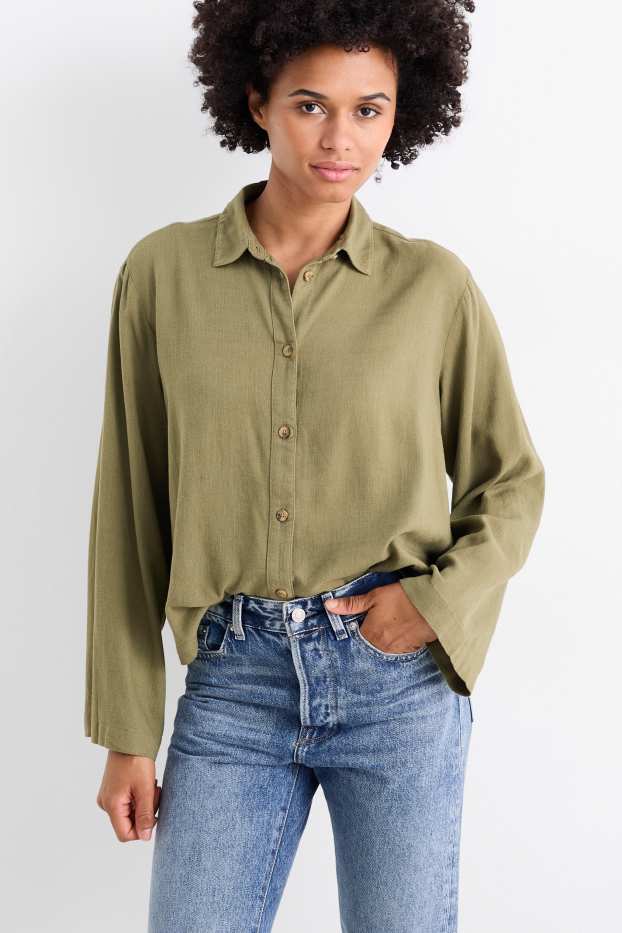 Women - Blouse with linen content - dark green