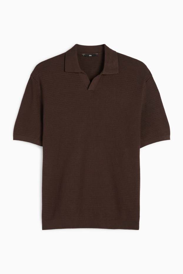Heren - Gebreid poloshirt - regular fit - met structuur - donkerbruin