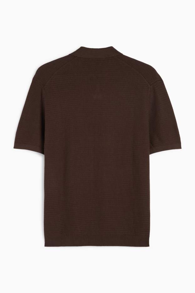 Heren - Gebreid poloshirt - regular fit - met structuur - donkerbruin